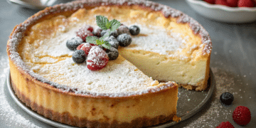 A baked ricotta cheesecake with a golden crust, topped with powdered sugar, blueberries, raspberries, and a sprig of mint. One slice is cut and slightly pulled out. A bowl of berries and a checkered napkin are in the background.
