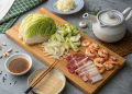 A wooden board with napa cabbage, sliced vegetables, shrimp, and two types of sliced meat—perfect for a Japanese mounjaro recipe. Nearby are dipping sauce, chopsticks, a teapot, garlic, and a small plate of grated ingredients on a gray surface.