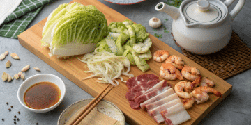 A wooden board with napa cabbage, sliced vegetables, shrimp, and two types of sliced meat—perfect for a Japanese mounjaro recipe. Nearby are dipping sauce, chopsticks, a teapot, garlic, and a small plate of grated ingredients on a gray surface.