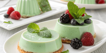 Green panna cotta desserts in a mint green color, topped with fresh mint leaves and assorted berries—raspberries, blackberries, and blueberries—served on white plates, showcase the elegance of Italian desserts.