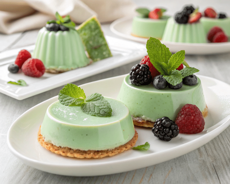 Green panna cotta desserts in a mint green color, topped with fresh mint leaves and assorted berries—raspberries, blackberries, and blueberries—served on white plates, showcase the elegance of Italian desserts.