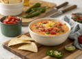 A bowl of cheesy rotel dip recipe, topped with diced tomatoes and green onions, sits on a wooden board with tortilla chips, sliced jalapeño, lime, and a bowl of salsa nearby.