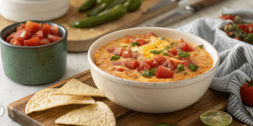 A bowl of cheesy rotel dip recipe, topped with diced tomatoes and green onions, sits on a wooden board with tortilla chips, sliced jalapeño, lime, and a bowl of salsa nearby.