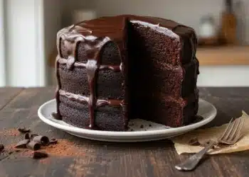 A three-layer chocolate cake with glossy chocolate ganache dripping down the sides, sitting on a white plate. A large slice is missing, revealing the rich, moist interior. A fork and chocolate shavings are nearby on a wooden table.