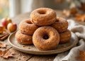 Cinnamon sugar coated baked apple cider donuts stacked on a rustic plate