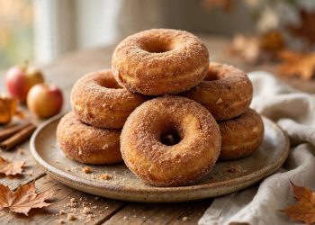 Cinnamon sugar coated baked apple cider donuts stacked on a rustic plate