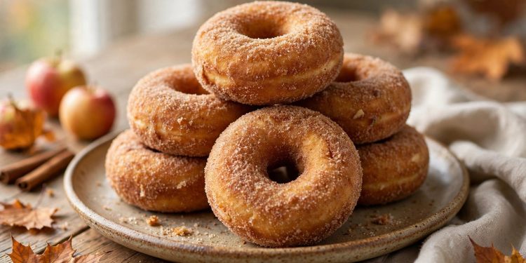 Cinnamon sugar coated baked apple cider donuts stacked on a rustic plate
