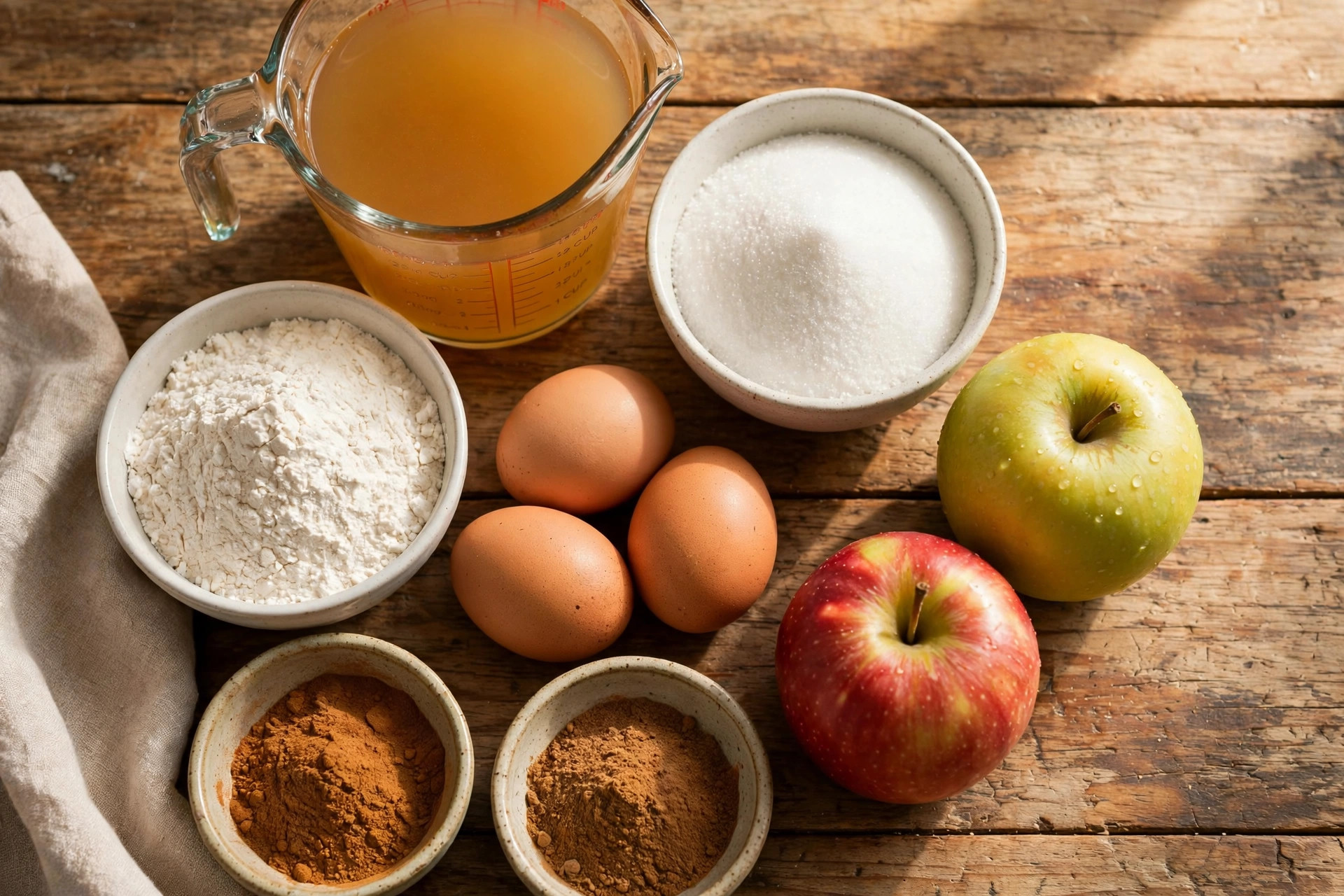 Apple cider, flour, sugar, eggs and spices laid out for baked donuts