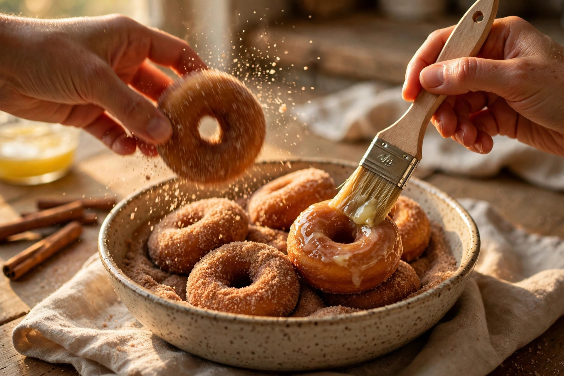 Hands brushing melted butter onto warm baked donuts and tossing in cinnamon sugar
