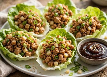 Asian chicken lettuce wraps in butter lettuce cups with hoisin dipping sauce