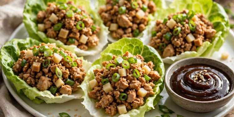 Asian chicken lettuce wraps in butter lettuce cups with hoisin dipping sauce