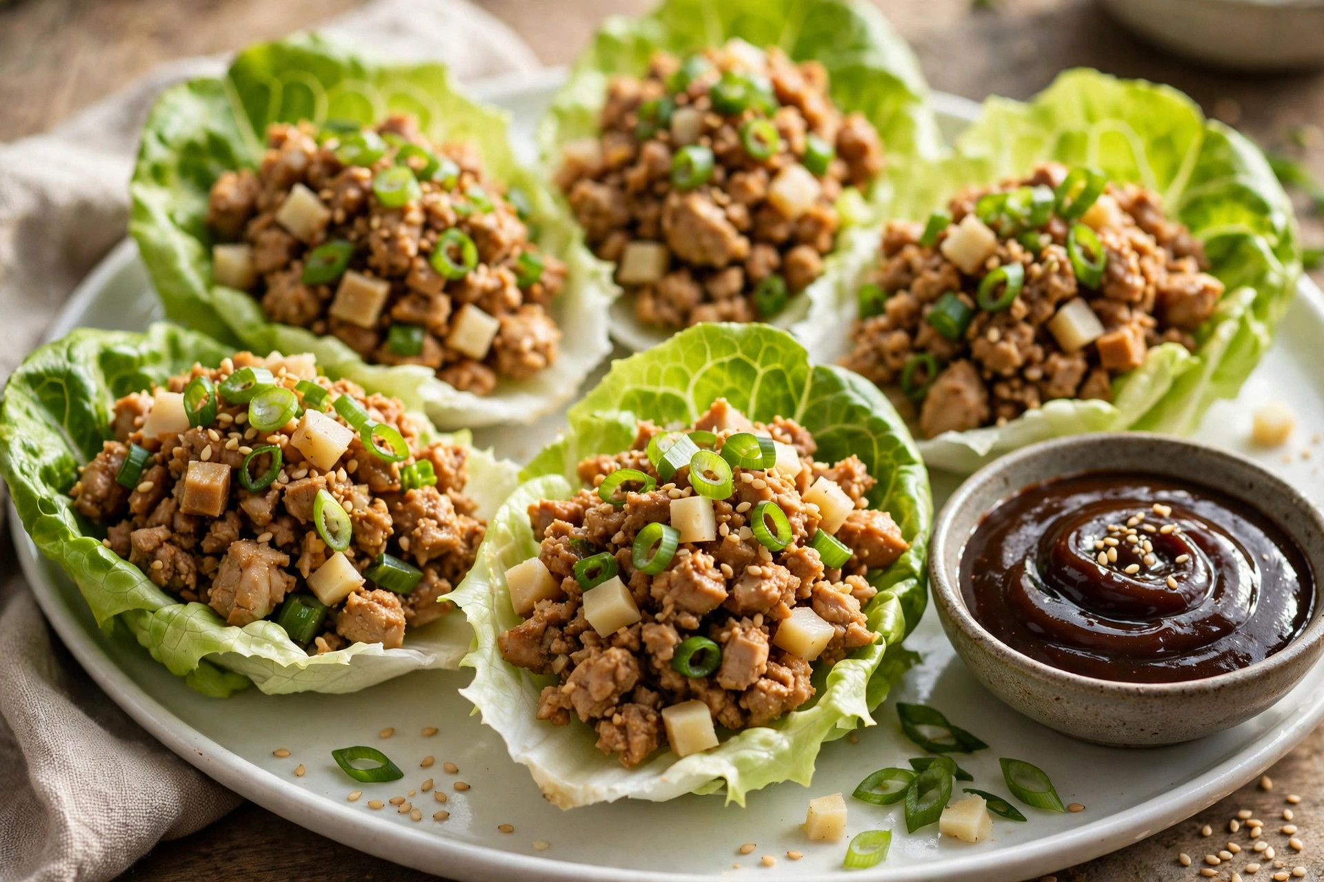 Asian chicken lettuce wraps in butter lettuce cups with hoisin dipping sauce