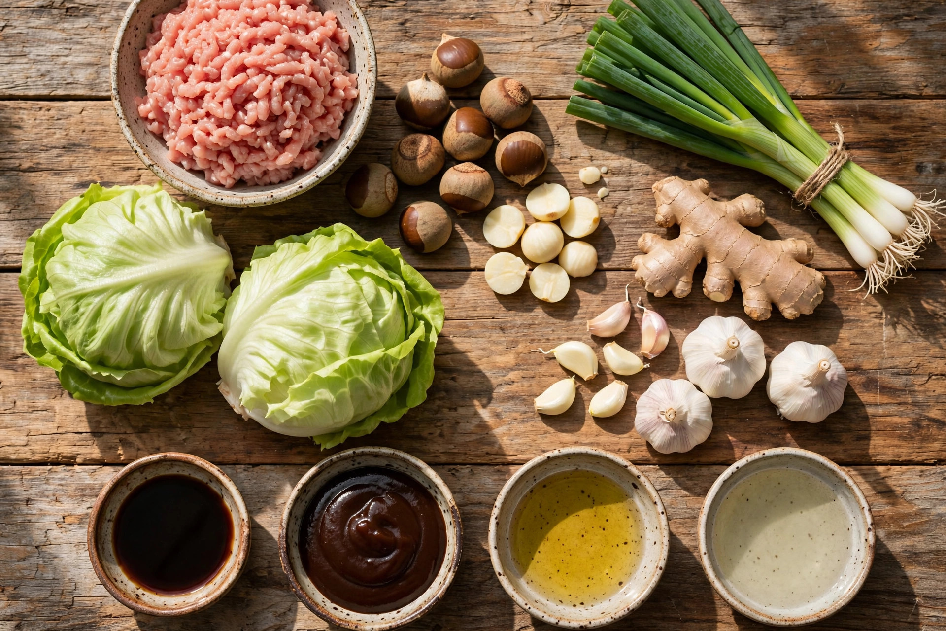 Fresh ingredients for Asian chicken lettuce wraps on a rustic surface