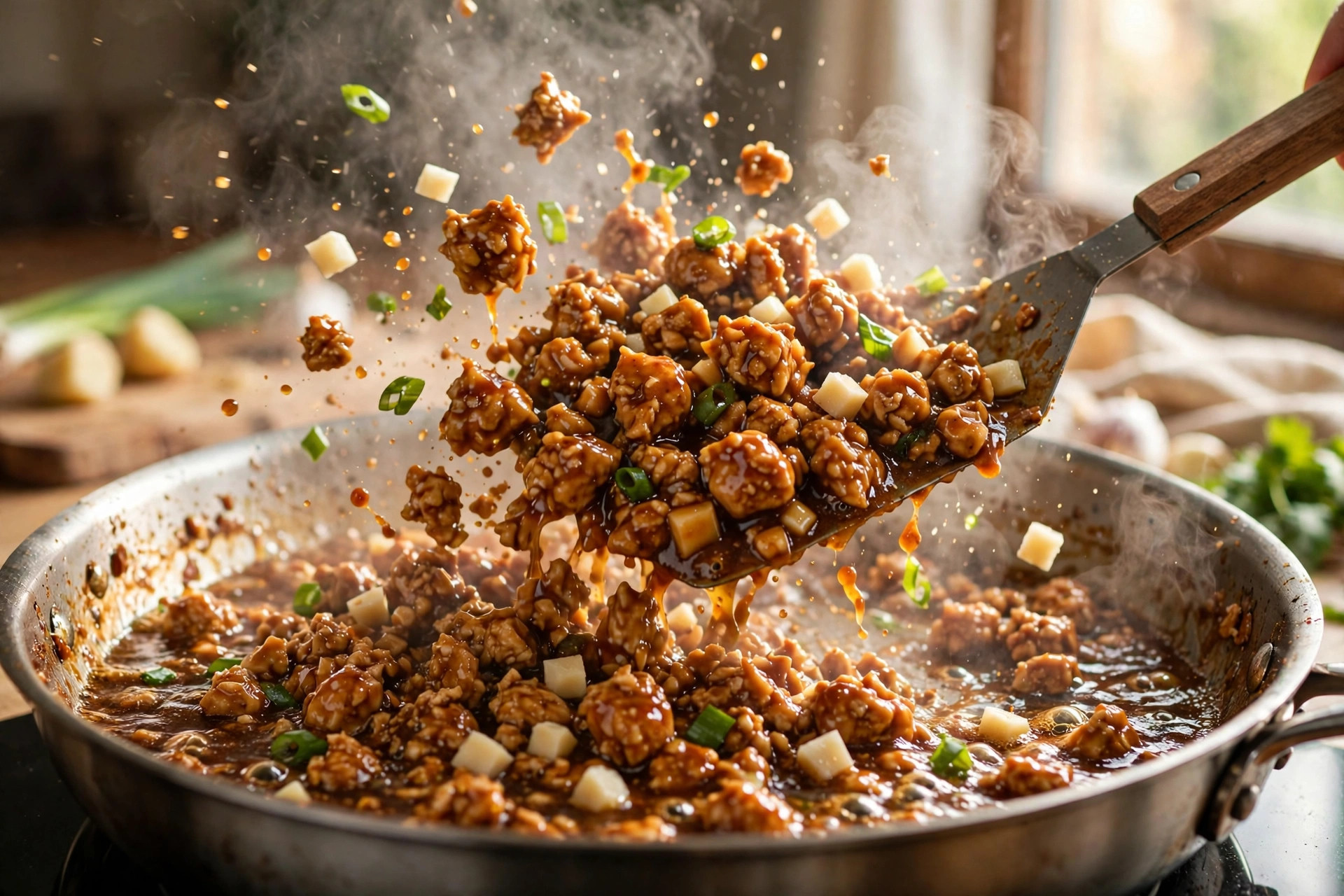 Ground chicken cooking with vegetables in a skillet for lettuce wraps