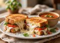 Caprese grilled cheese sandwich with melted mozzarella oozing out, served with tomato soup