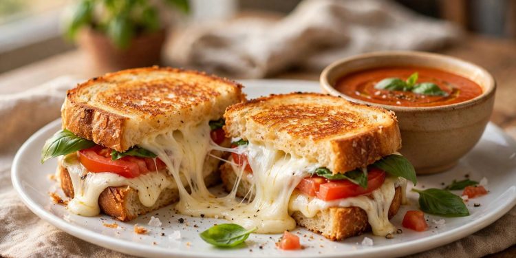 Caprese grilled cheese sandwich with melted mozzarella oozing out, served with tomato soup