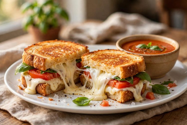 Caprese grilled cheese sandwich with melted mozzarella oozing out, served with tomato soup