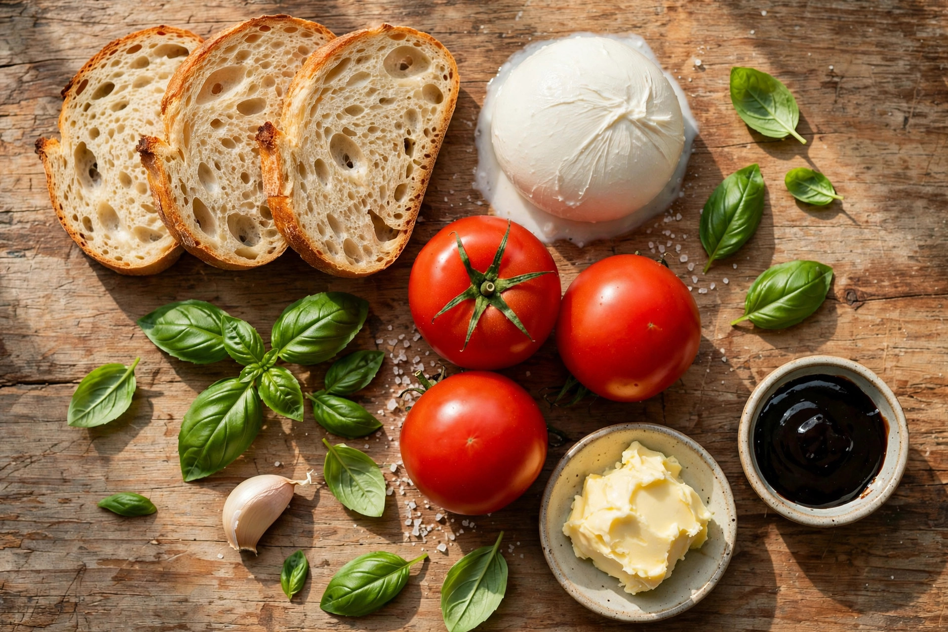Flat lay of sourdough, fresh mozzarella, ripe tomatoes, basil, garlic butter and balsamic glaze
