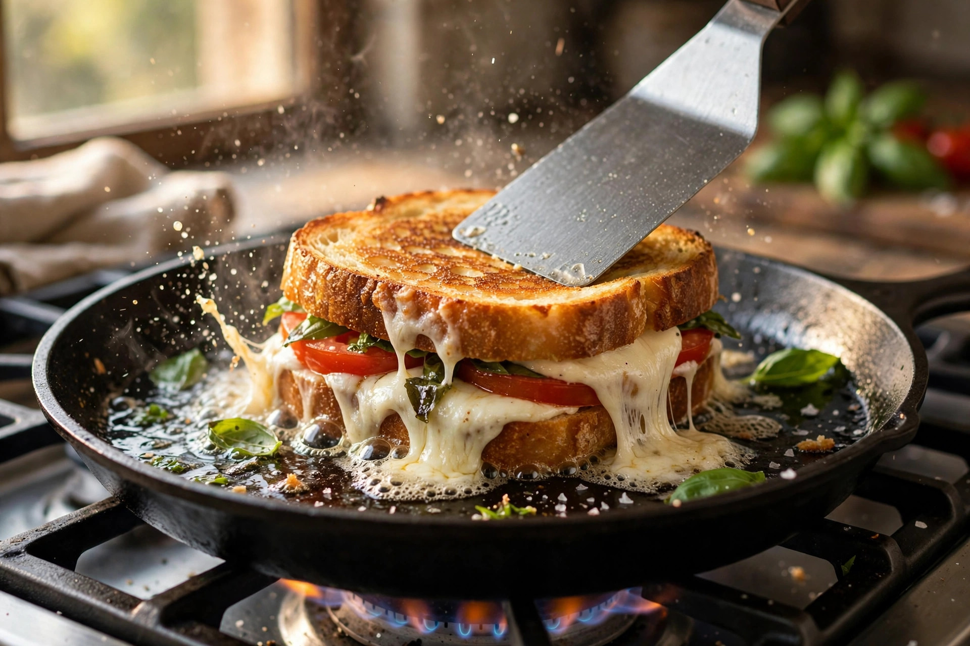 Caprese grilled cheese sizzling golden in a cast iron skillet, mozzarella melting out the side