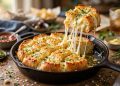 Golden cheesy garlic pull-apart bread in a cast iron skillet with a piece lifted showing melted mozzarella stretch