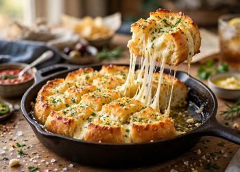 Golden cheesy garlic pull-apart bread in a cast iron skillet with a piece lifted showing melted mozzarella stretch
