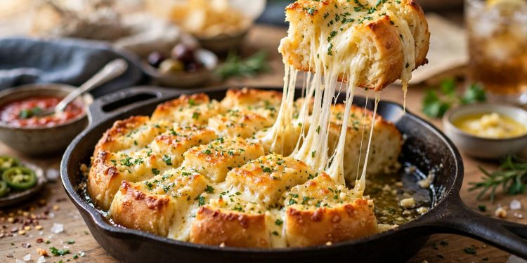 Golden cheesy garlic pull-apart bread in a cast iron skillet with a piece lifted showing melted mozzarella stretch