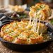 Golden cheesy garlic pull-apart bread in a cast iron skillet with a piece lifted showing melted mozzarella stretch