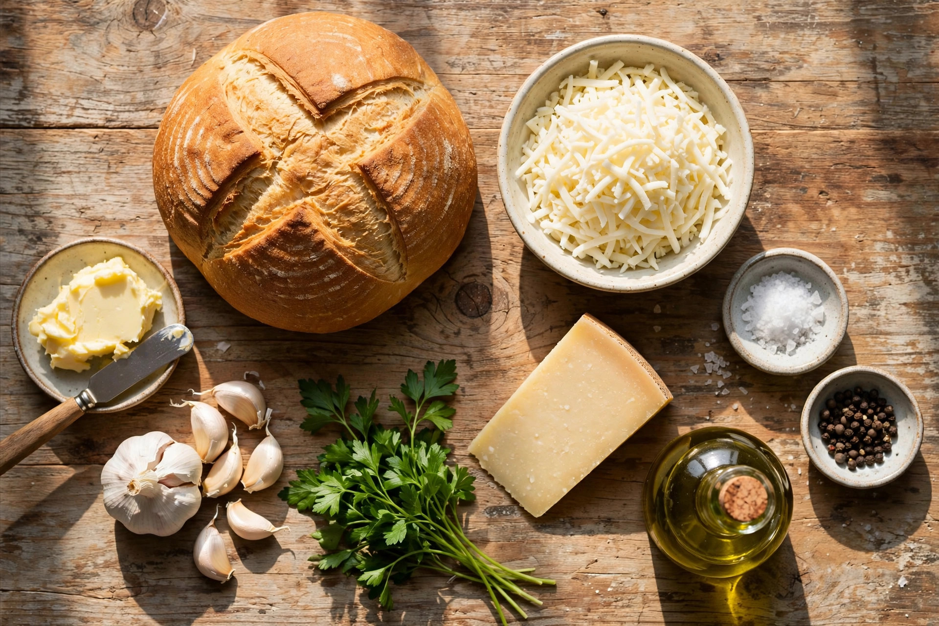 pull-apart bread ingredients flat lay with bread loaf, mozzarella and garlic