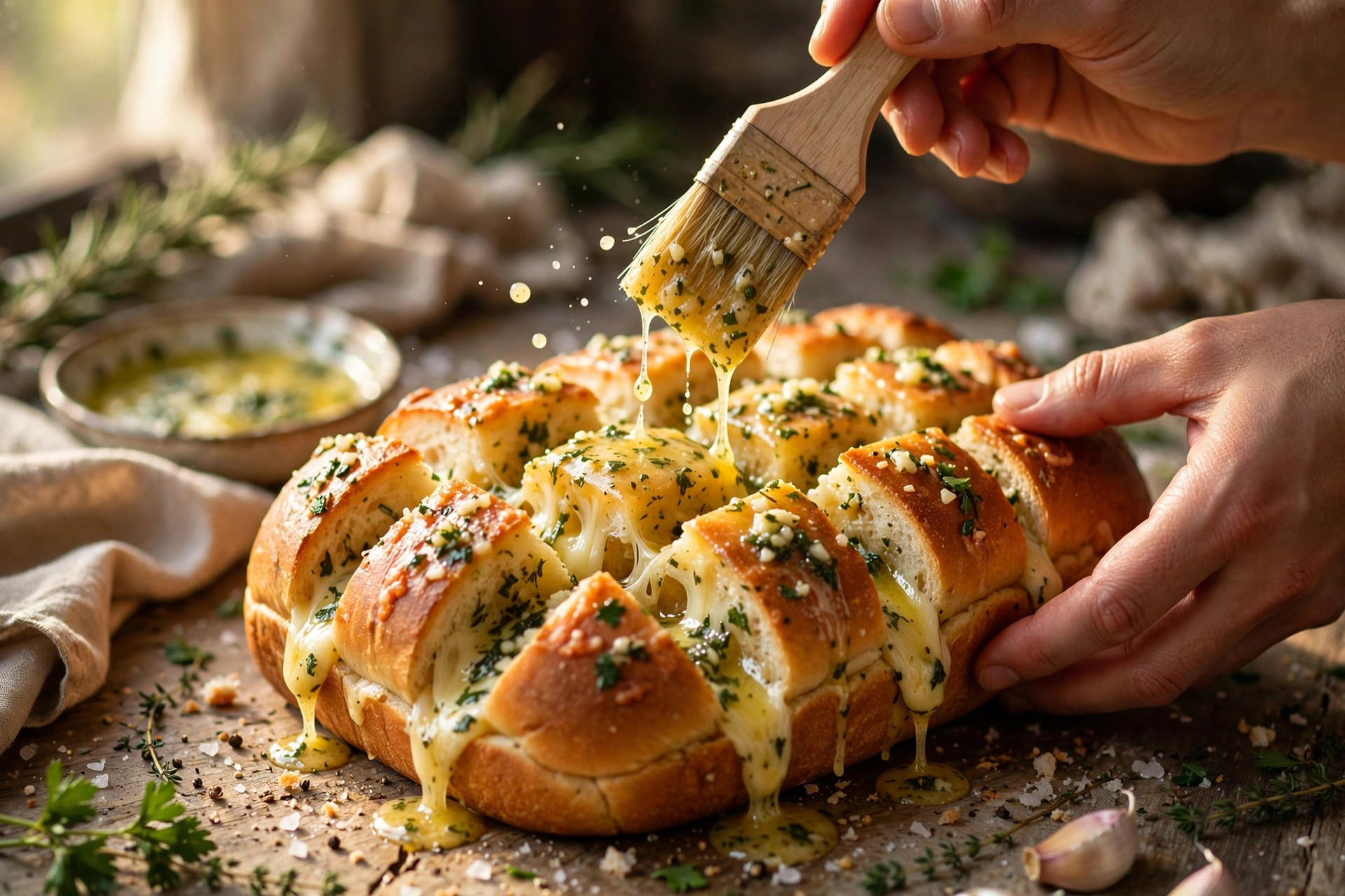 brushing garlic butter onto cheese-stuffed pull-apart bread