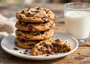 Stack of golden chewy chocolate chip cookies with melted chocolate on a white plate