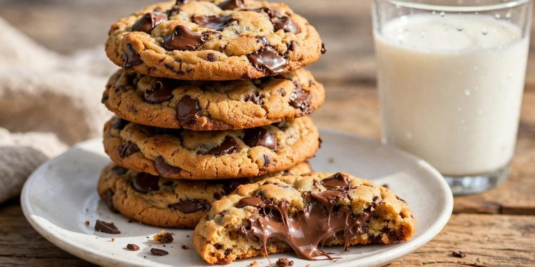 Stack of golden chewy chocolate chip cookies with melted chocolate on a white plate