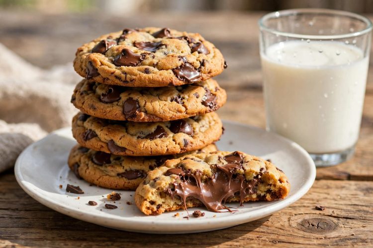 Stack of golden chewy chocolate chip cookies with melted chocolate on a white plate