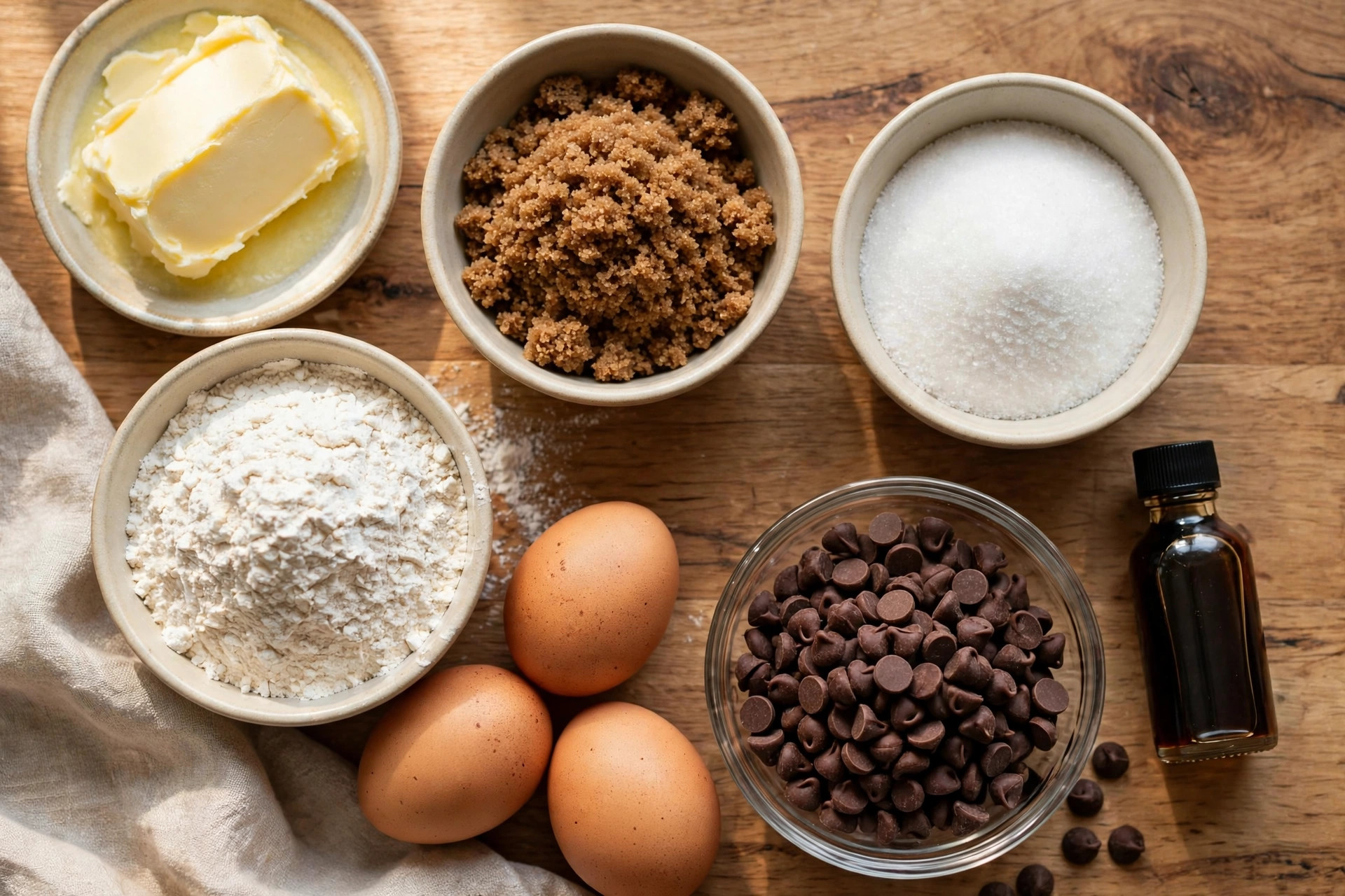 Butter, sugars, eggs, flour and chocolate chips laid out for cookies