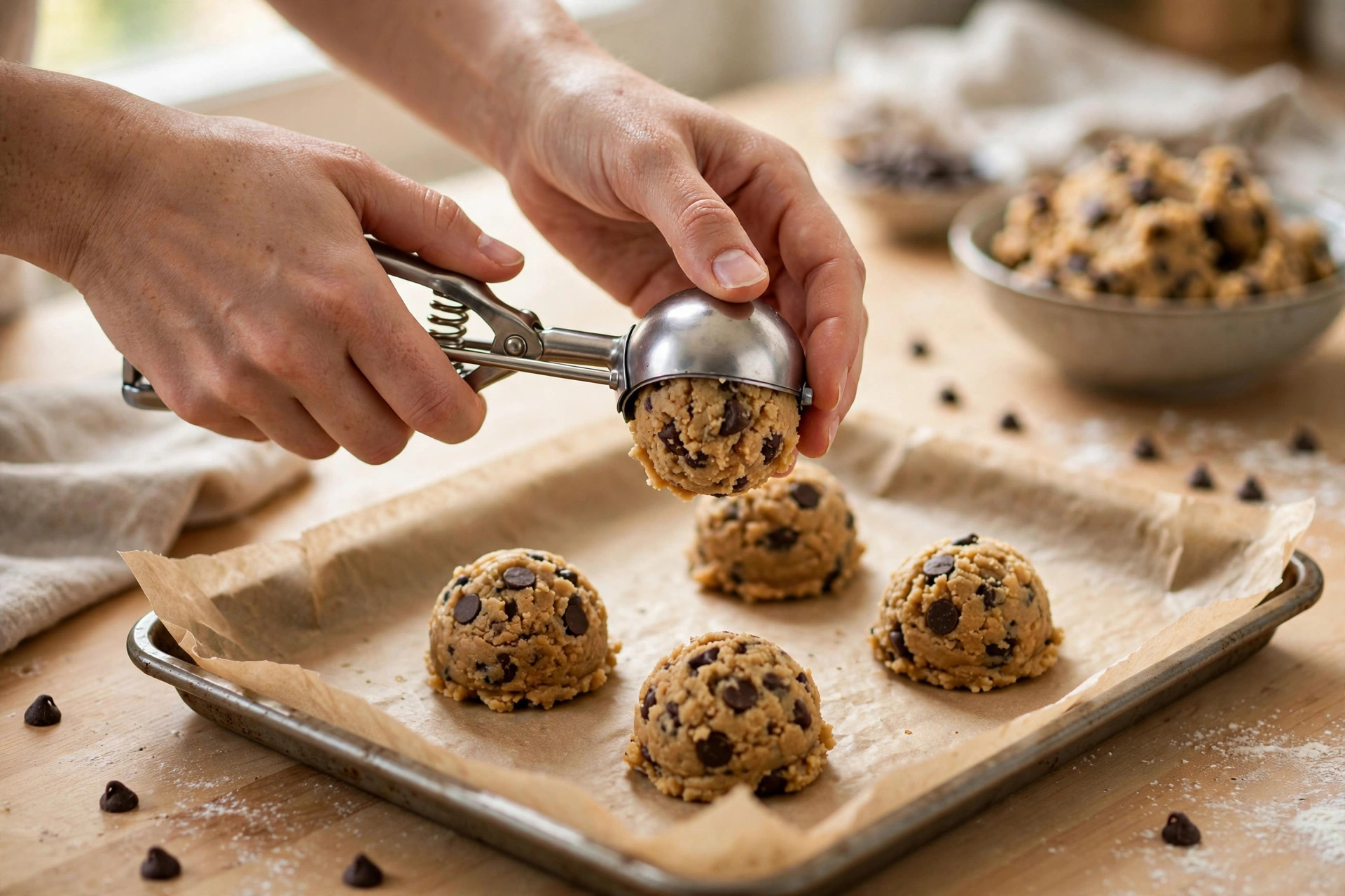 Hands scooping balls of chocolate chip cookie dough onto a baking sheet