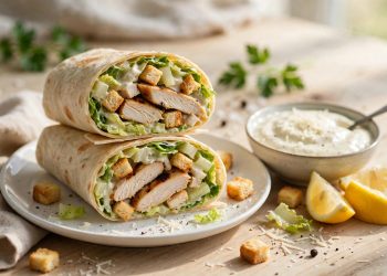 Chicken Caesar wraps cut in half showing grilled chicken, romaine lettuce and creamy Caesar dressing inside soft tortillas