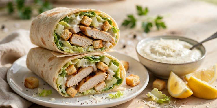 Chicken Caesar wraps cut in half showing grilled chicken, romaine lettuce and creamy Caesar dressing inside soft tortillas