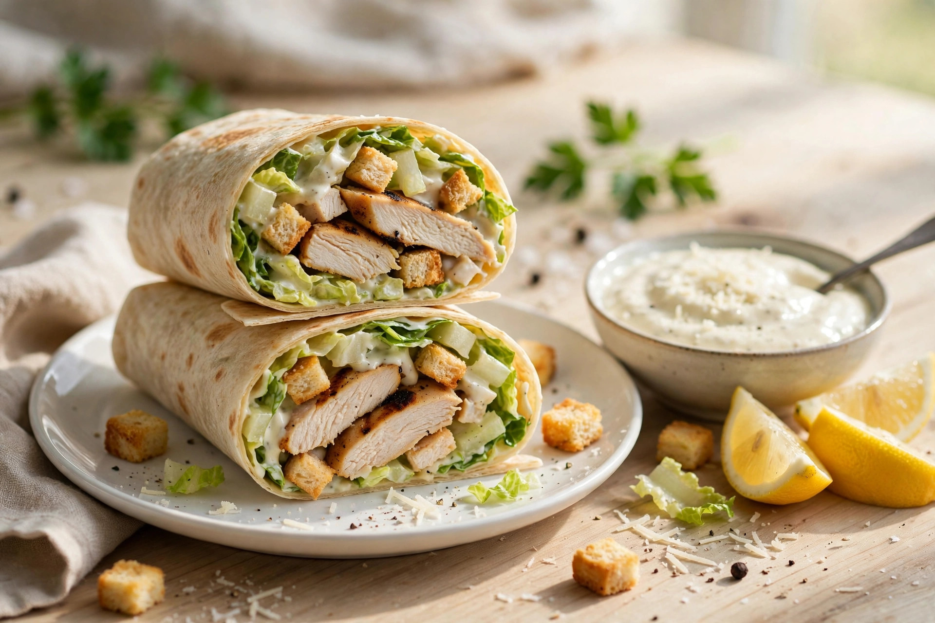 Chicken Caesar wraps cut in half showing grilled chicken, romaine lettuce and creamy Caesar dressing inside soft tortillas