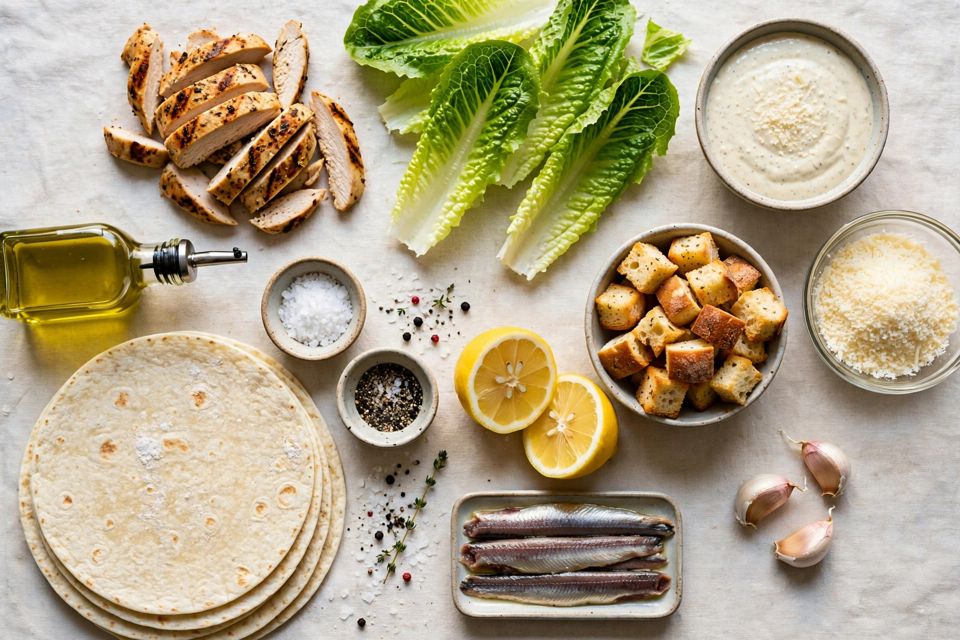 ingredients flat lay for chicken Caesar wraps