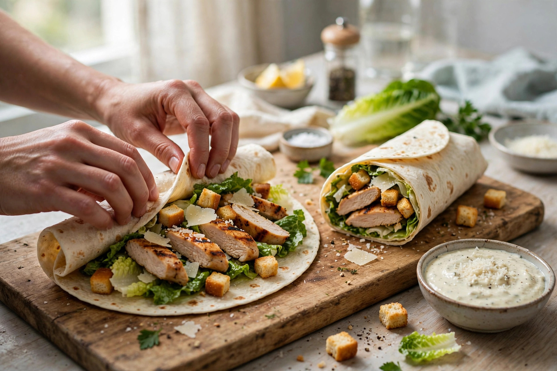 hands rolling a Caesar wrap