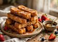 Golden cinnamon French toast sticks stacked on a plate, dusted with cinnamon sugar, maple syrup dripping
