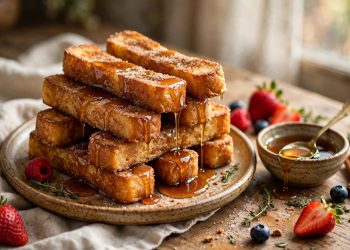 Golden cinnamon French toast sticks stacked on a plate, dusted with cinnamon sugar, maple syrup dripping