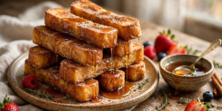 Golden cinnamon French toast sticks stacked on a plate, dusted with cinnamon sugar, maple syrup dripping
