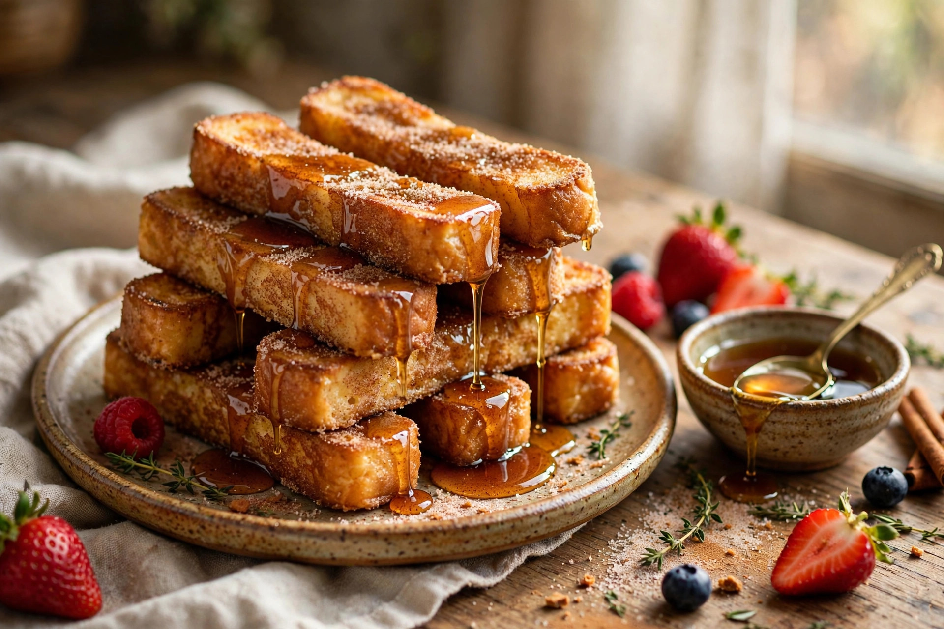 Golden cinnamon French toast sticks stacked on a plate, dusted with cinnamon sugar, maple syrup dripping