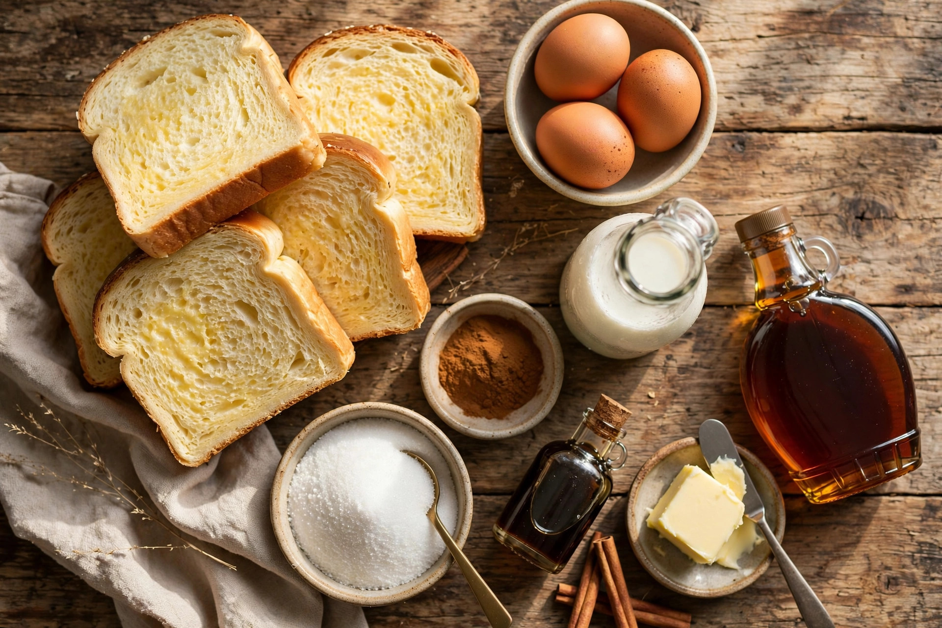 Flat lay of French toast stick ingredients on a rustic wooden table