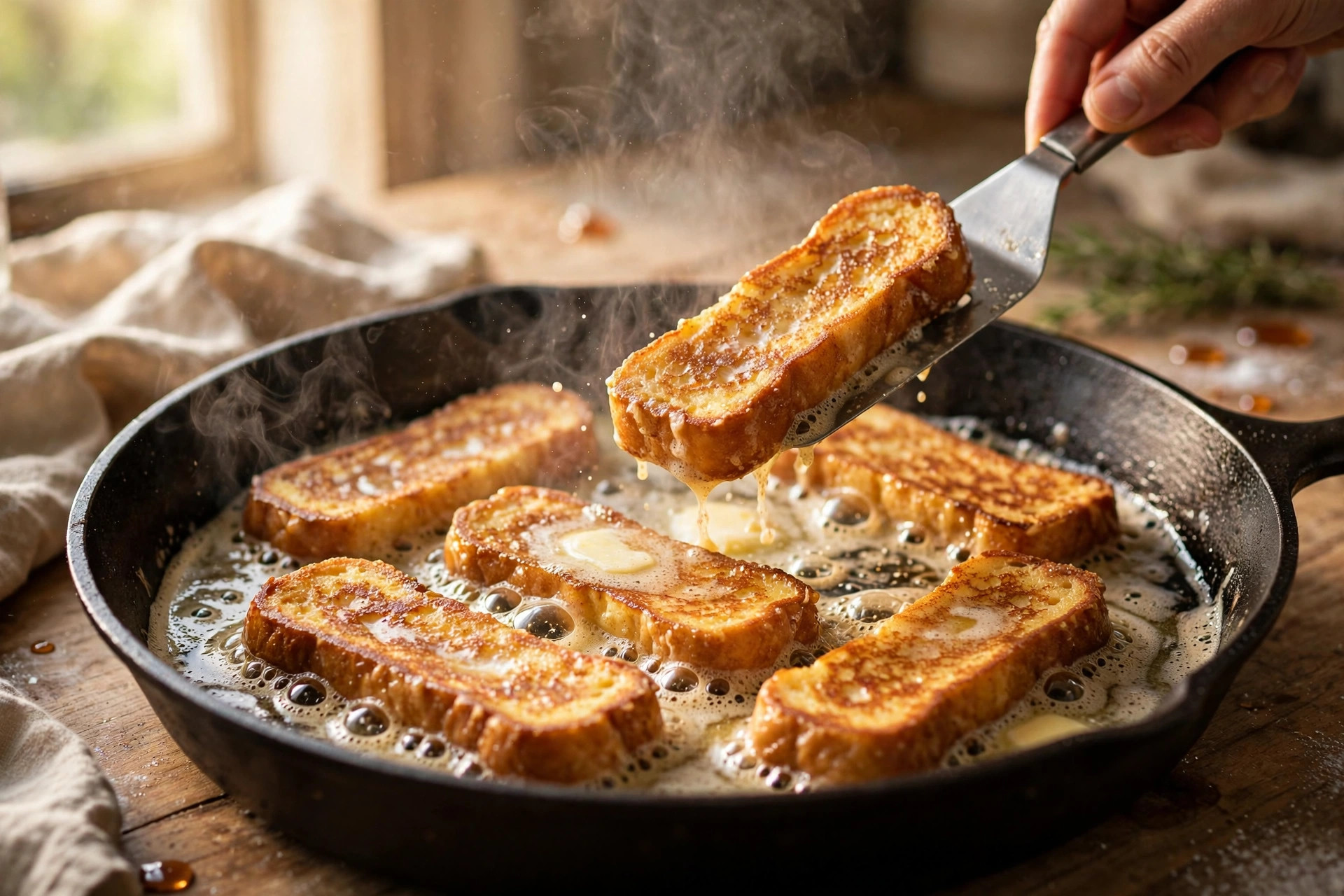 French toast sticks sizzling in a buttered cast iron skillet