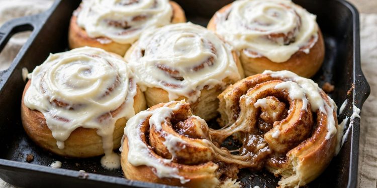 Pan of golden cinnamon rolls with cream cheese frosting, one roll pulled apart showing the gooey swirl