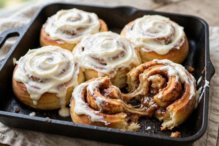 Pan of golden cinnamon rolls with cream cheese frosting, one roll pulled apart showing the gooey swirl