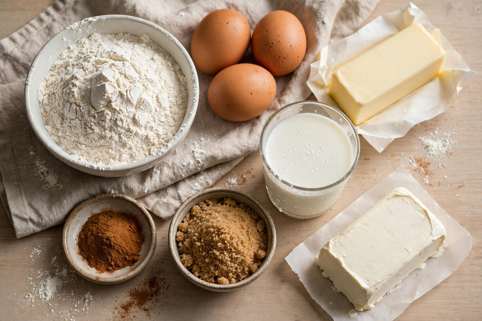 Flour, eggs, butter, milk, cinnamon, brown sugar, and cream cheese arranged on a kitchen counter