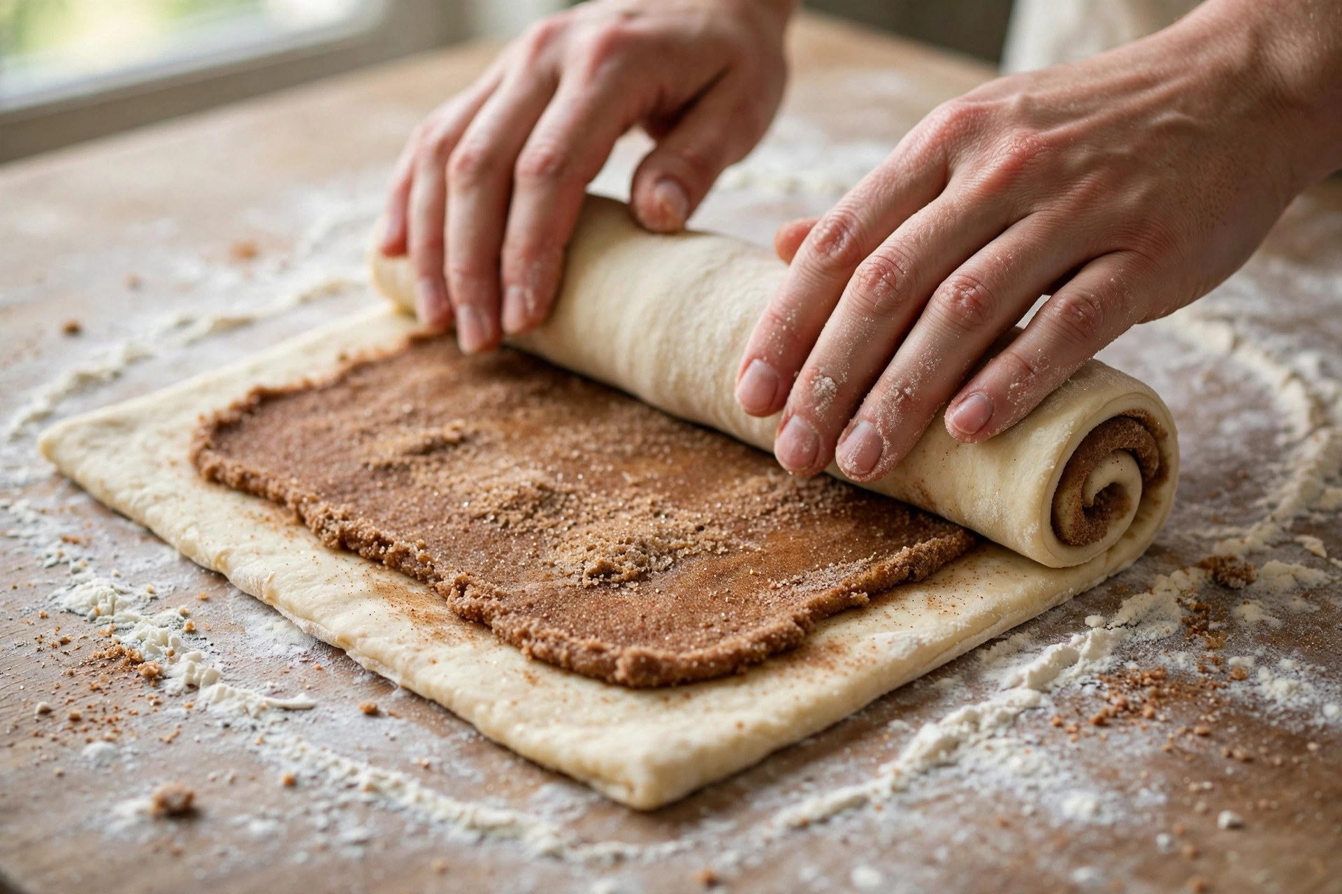 Hands rolling a rectangle of cinnamon-sugar filled dough into a tight log on a floured surface
