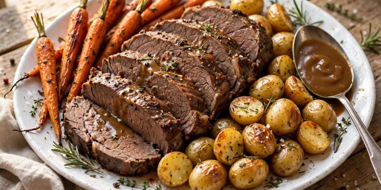 Sliced tender beef pot roast with carrots and potatoes on a white serving platter